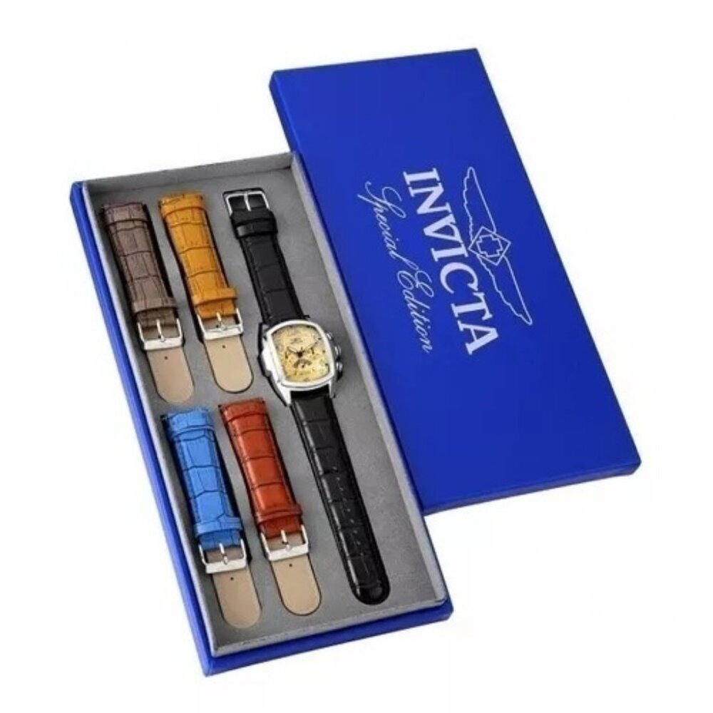 Invicta Lupah Special Edition Chronograph Watch 23208 Gold Dial 5 Leather Straps